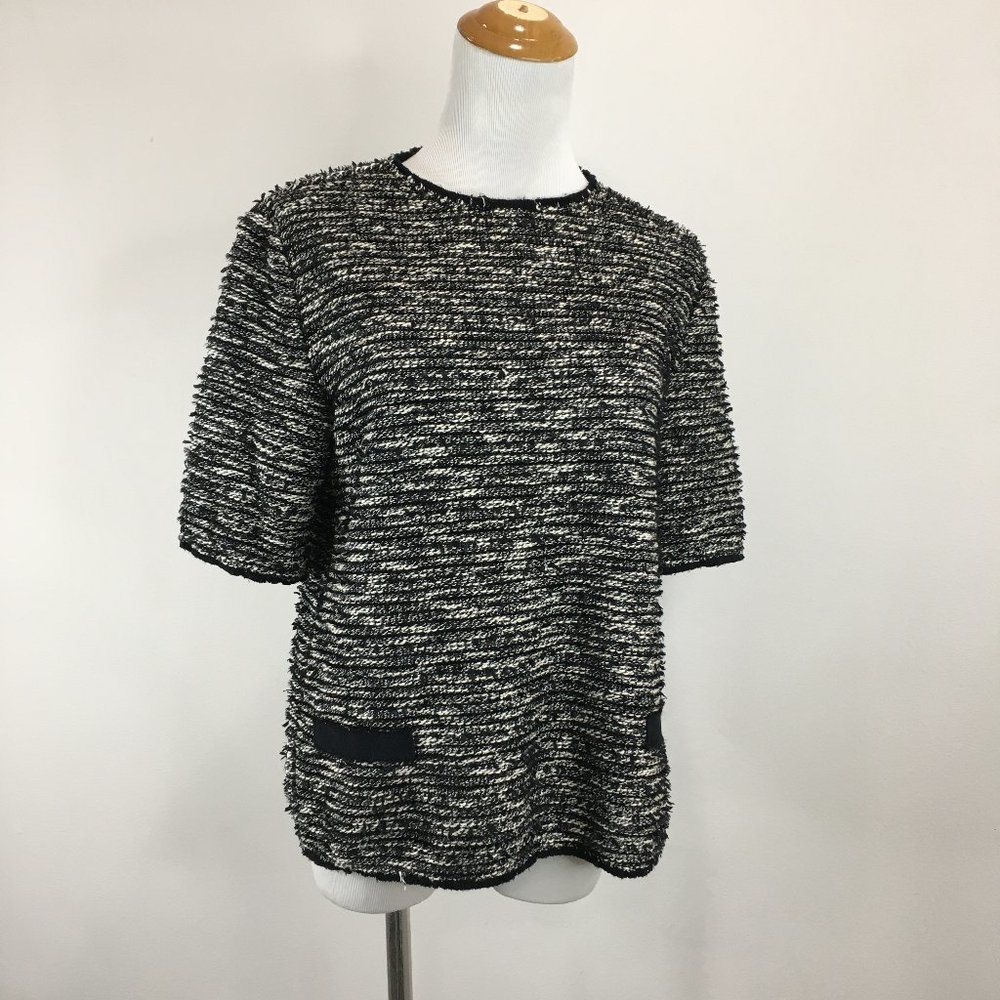 ZARA Black White Glitter Thin Tweed Fringe Hem & Collar Faux Pockets Shirt